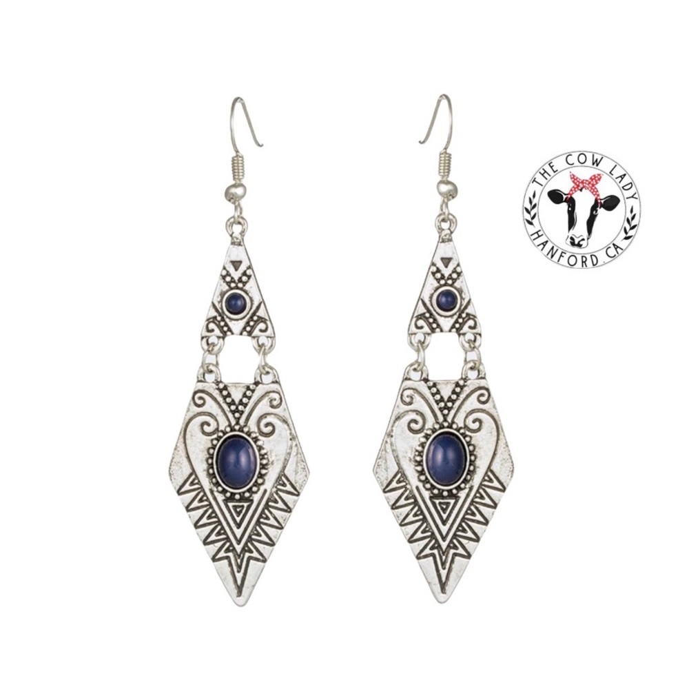 Silver Tribal Blue Stone Earrings Chain Geo Stud Dangle Drop Boho Pair Boutique
